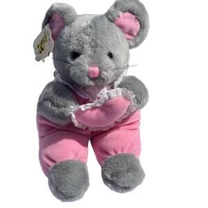 Joy Toy Charming Gray Mouse Pink Valentine Heart Plush Stuffed Animal 1992 VTG